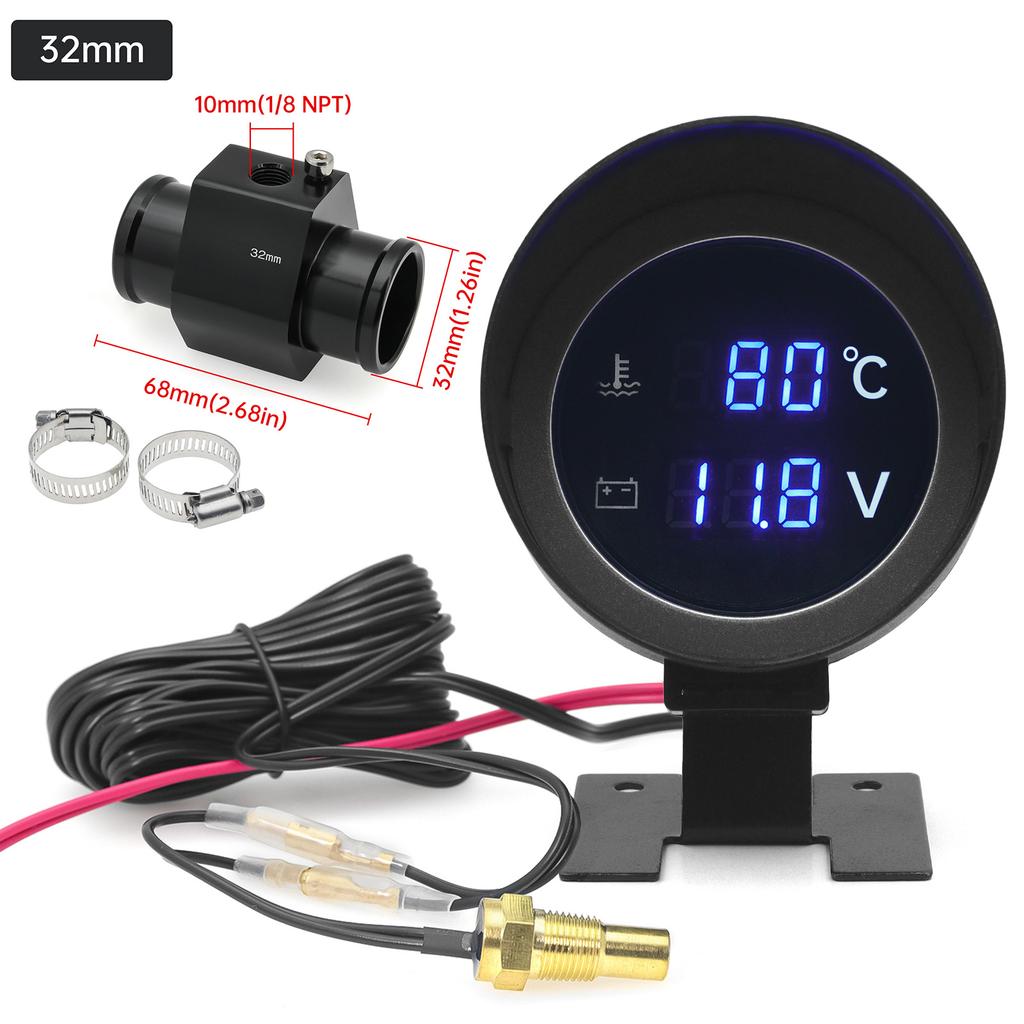 AD Round Led Digital Car Water Temp Gauge  + Voltmeter 2in1 Water Temperature Adapter Moto Volt Meter + Water Temp Sensor 10mm