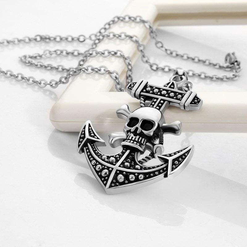 Men's Necklace, Skeleton Boat Anchor Pendant, Men's Hanging Jewelry Pendant, Steel Chain