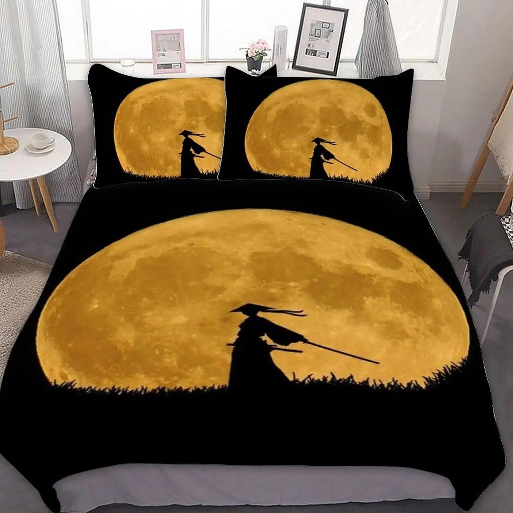 Set Letto Samurai Giapponese, Copripiumino con Siluetta di Edificio Paesaggio Tramonto Giappone per Uomini Adolescenti, Nero Rosso