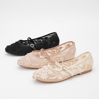 Nici haftowane Koraliki Siatka Baleriny Damska Moda Białe Perłowe Buty Mary Jane Lekkie Letnie Płaskie Buty Eleganckie Wygodne Płaskie Sandały