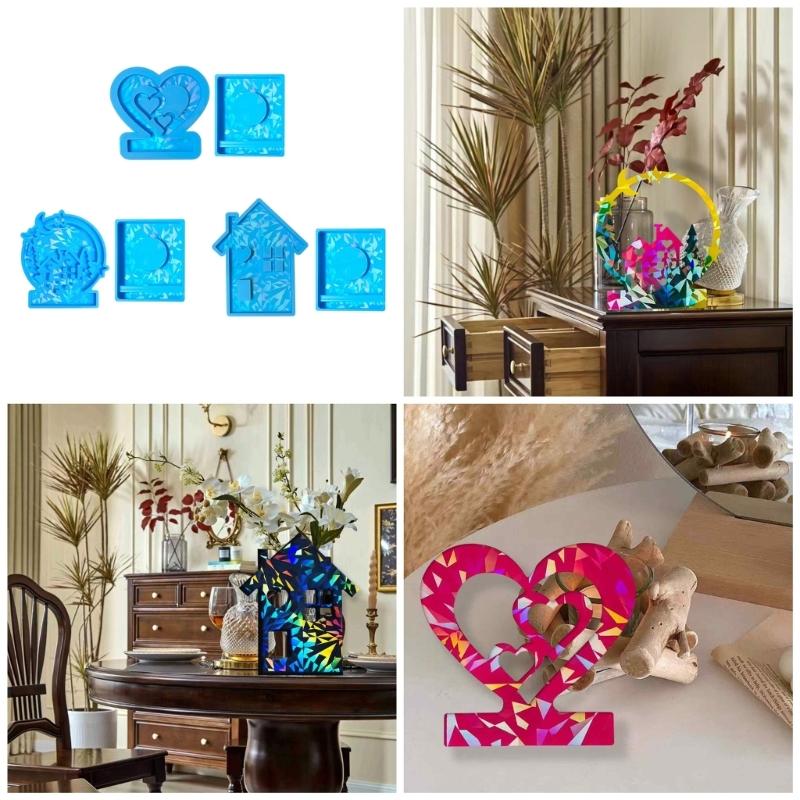 House Shape Resin Molds Holographic Heart Candlestick Molds with Base for DIY Craft Tealight Candle Holder Home Decors