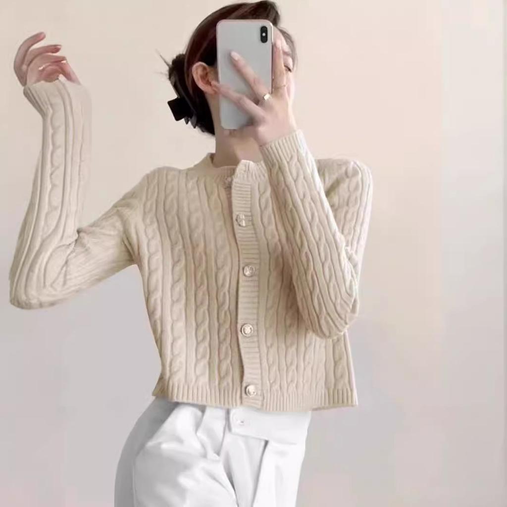 Fried Dough Twists Women's Knitted Cardigan Spring Versatile Korean Gentle Style Solid Color Slim Short Sweater Coat