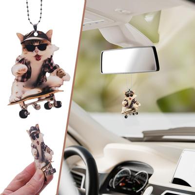 Creative Acrylic Flat 2D Cool Skateboarding Cat Pendant Rearview Car Ornament Decora Mirrors Ca V4G1