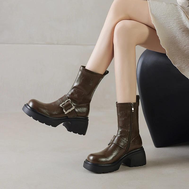 

Женская обувь Высококачественные осенние женские сапоги на молнии с пряжкой, на среднем каблуке, водонепроницаемые, модные сапоги в британском стиле 34 чёрный