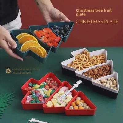 [Cross-Border Hot Item] Divided Christmas Tree Snack Tray: Plastic Tray for Dried Fruit, Candy, and Seeds.