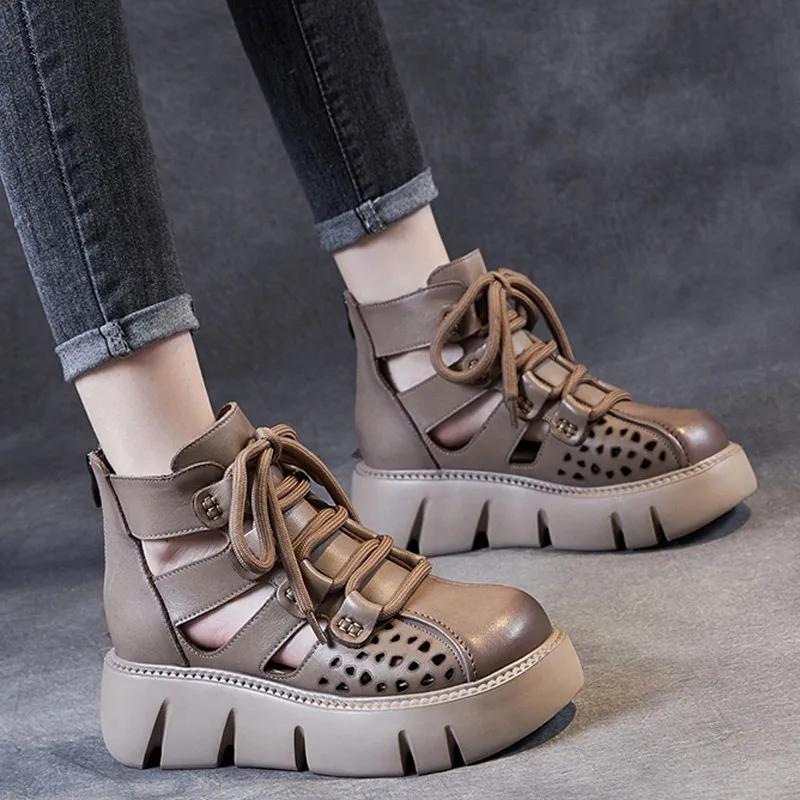 Nuevas sandalias de plataforma retro hechas a mano para mujer, de piel sintética, con cuñas Baotou huecas, zapatos de gladiador con cremallera trasera, suela gruesa, botas geniales