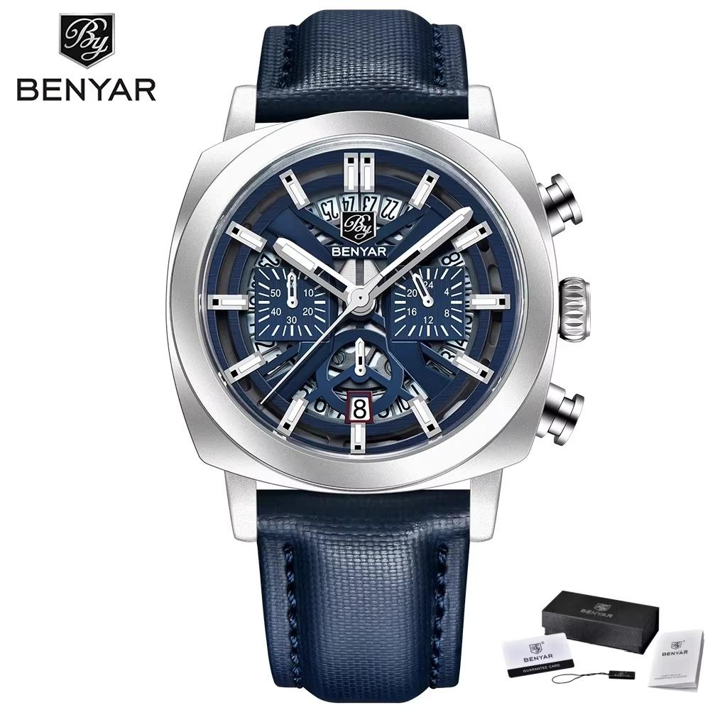 Benyar New 43mm Luminous Dial Men's Sports Quartz Watch Chronograph 50M Waterproof Business Wristwatch Relogios Masculino