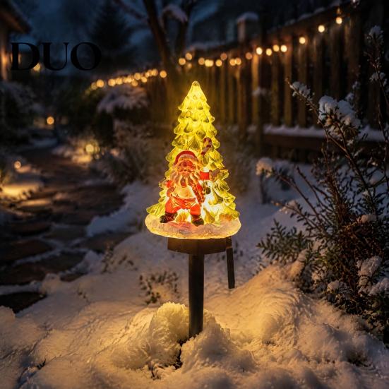 Outdoor Solar Christmas Decorations Garden Light, Santa Tree Resin Yard Stake Decor with Auto Sensor LED Landscape Warm Glow, Waterproof Lawn Lamp for