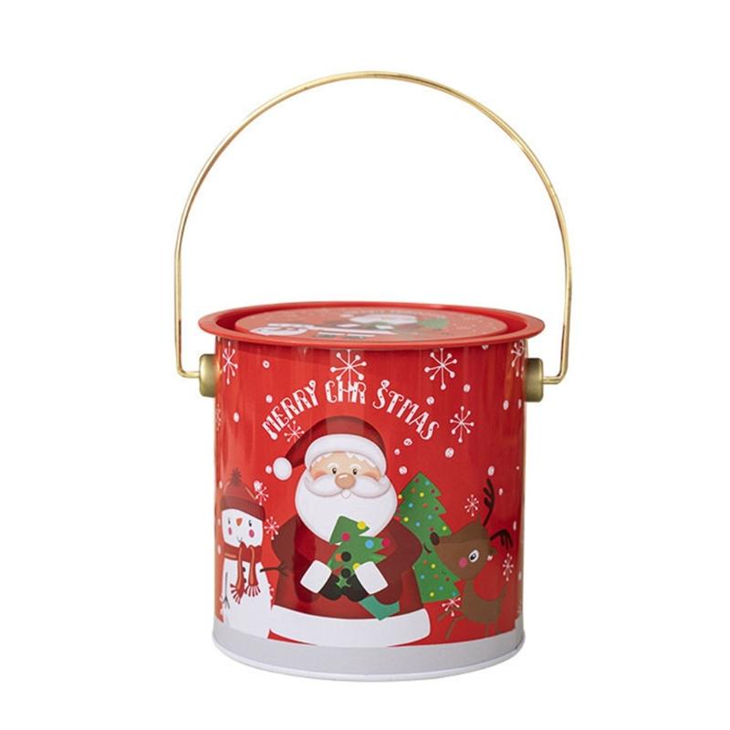 Pack Of 2 Christmas Treat Boxes with Handle Handheld Round Bucket Tinplate Sweets Cookie Container for Party Use