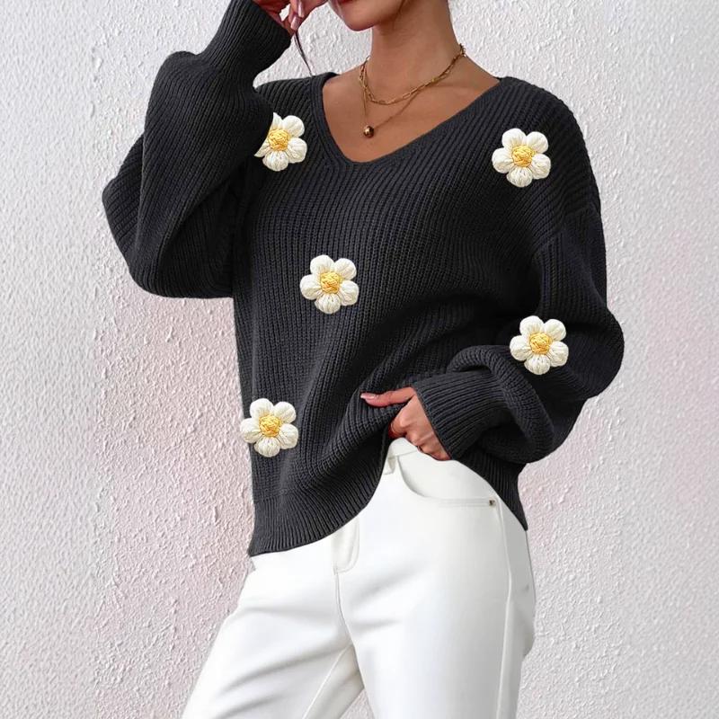 Autumn Winter Women's Pullover Top Hand-crocheted Three-dimensional Stitching Personalized Deep Sweater