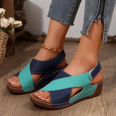 Women’s Platform Peep-Toe Colorblock Sandals with Velcro Straps and Breathable Cutout Design for Wide Sizes