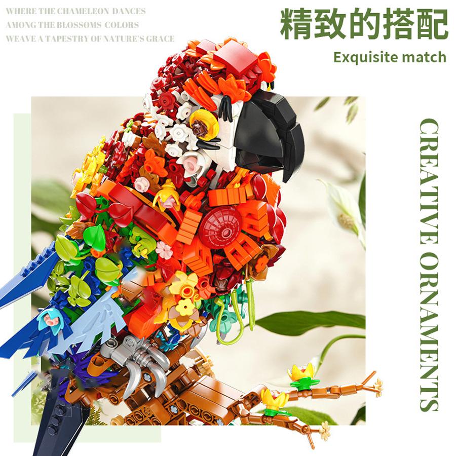 Kreativní 1100 ks Stavebnice Papoušek Ptačí Sada Květinové Zvířecí Série Model Sestavovací Cihlička Domácí Dekorace Hračka Dárek Pro Děti