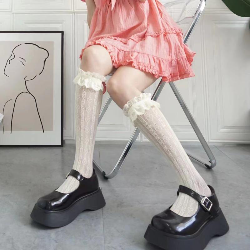 1 Pair Lace Mid Tube Socks Women's Lolita Retro Women's Love Jacquard Princess Sock White Breathable Anti Hook Silk Girls' Socks