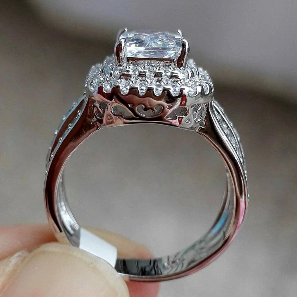 2026 New Fashion Round Full Diamond Square White Zirconium Set Ring Jewelry Engagement Wedding Light Luxury Atmospheric Ring