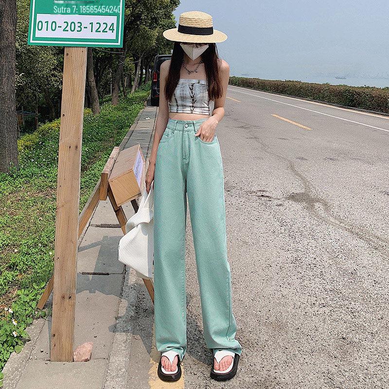 Kadın Nane Yeşili Yüksek Bel Geniş Paça Kot Pantolon, Kore Tarzı, Yere Kadar Uzunlukta, Bol Kesim, Büyük Beden, Yazlık.