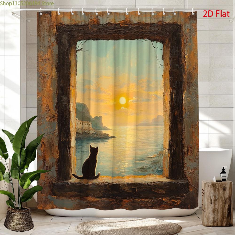 2D Flach, 2D Flach, 1 Stück 2D Flach Sonnenuntergang Katzenblick Duschvorhang | Polyestergewebe, Malerische Landschaft Heimdekoration, Inklusive 12 Haken