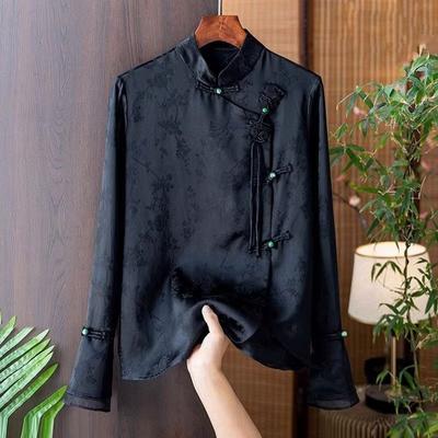 Retro Jacquard Simulation Silk Stand-up Collar Shirt Women Early Autumn Chinese Style Elegant Tang Suit Blouse Women