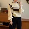 French Fake Two Piece Puff Sleeve Knit Top Women Spring Stripe Patchwork Cropped Round Neck Slimming Shirt