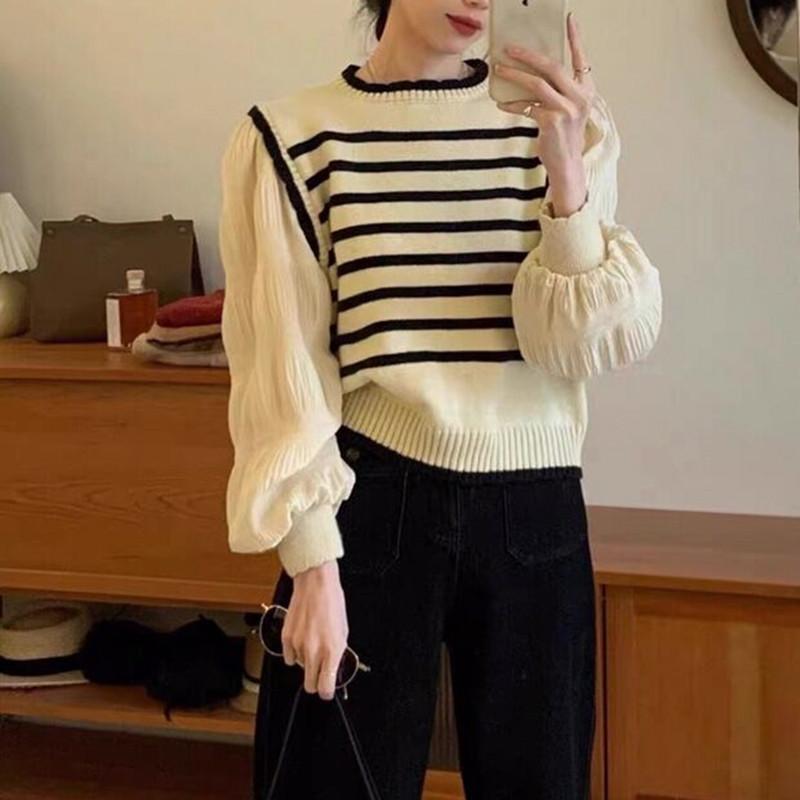 French Fake Two Piece Puff Sleeve Knit Top Women Spring Stripe Patchwork Cropped Round Neck Slimming Shirt
