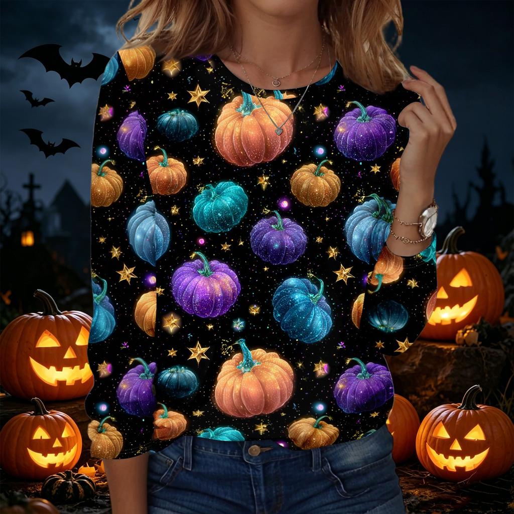 Women's Halloween Printed Pullover Sweatshirt Long Sleeve Crew Neck Top Casual Lightweight Soft Fabric Comfortable Fit