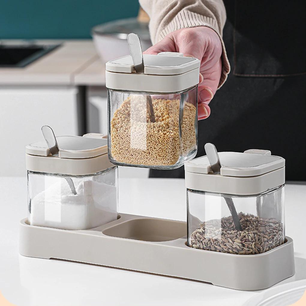 Split Seasoning Jar Kitchen Spice Box Set Food-Grade Seasoning Jars for Kitchen Storage Glass Salt Containers with Airtight Lids