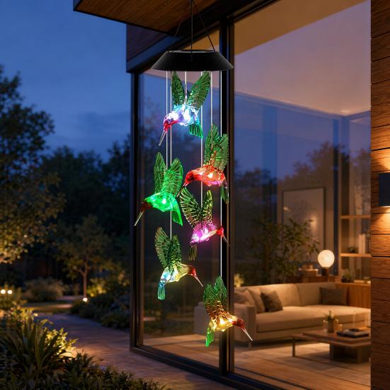 Hummingbird Solar Wind Chime Light, Color Changing Solar Powered Wind Chime, Hanging LED Wind Chime Lamp for Outdoor, Garden, Courtyard Decor