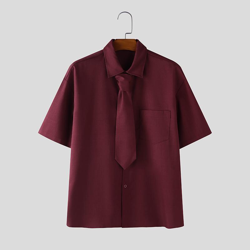 

INCERUN Oversized Men Tie Lapel Neck Short Sleeve Casual Office Shirts Tops 5XL вино красного