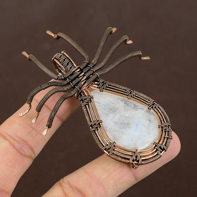 Natural Rainbow Moonstone Gemstone Copper Wire Wrap Spider Pendant 2.56" Y7u11