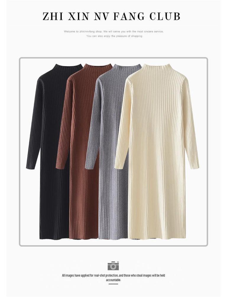 Women's Long-Sleeve Knit Dress for Layering, Mid-Length Over-the-Knee Style