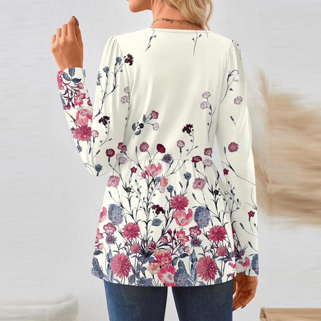 Women's Casual Fashion Long Sleeve Shirt Floral Printed Tunic Top