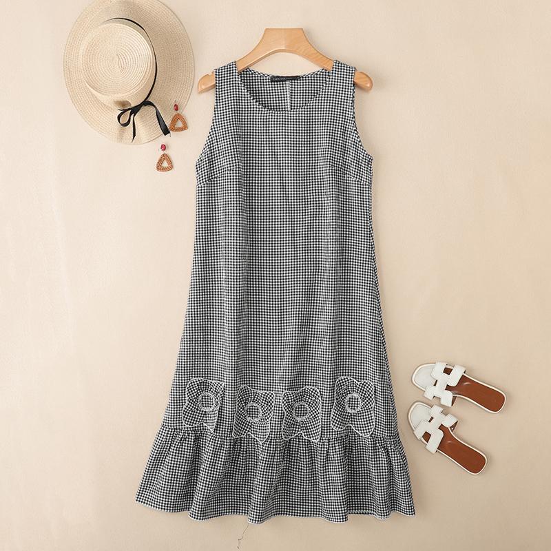 ZANZEA Women Casual Round Neck Summer Sleeveless Grid Print Dress