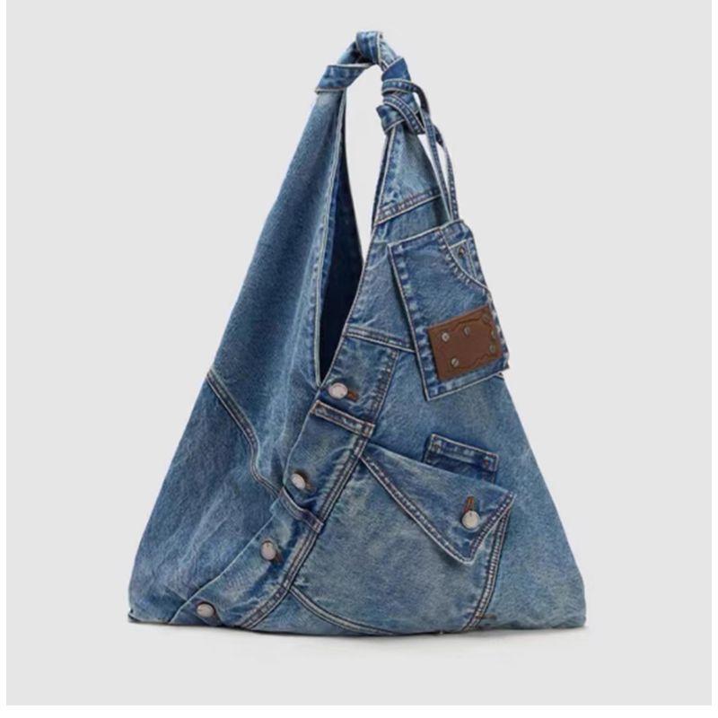 

Niche Design Leisure Washed-out Lazy Ur Patchwork Motorcycle Denim Shoulder Sexy Stylish Trendy Underarm Bag Women Blue Denim Tote Bag