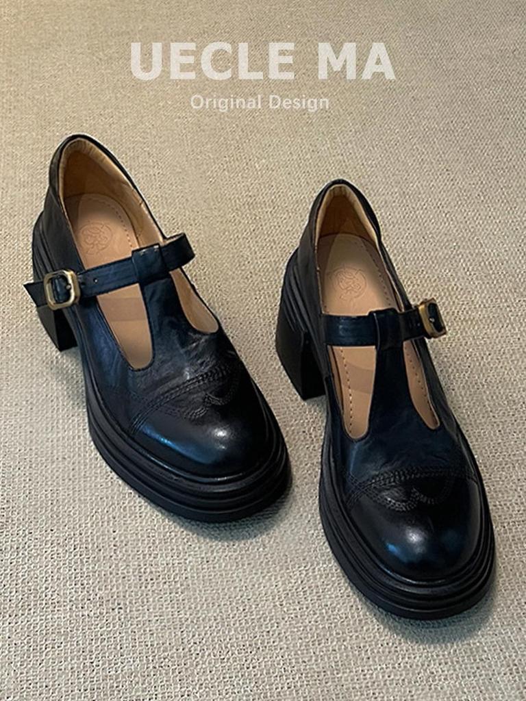 Kravská kůže~ Pravá kůže silná podrážka Mary Jane dámské boty černé vysoké podpatky silný podpatek retro francouzské jednopřezkové boty zvyšující malé kožené boty