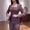 2024 European & American Spring/Summer Women's Elegant Suit: Square Neck Top & Straight-Leg Pants