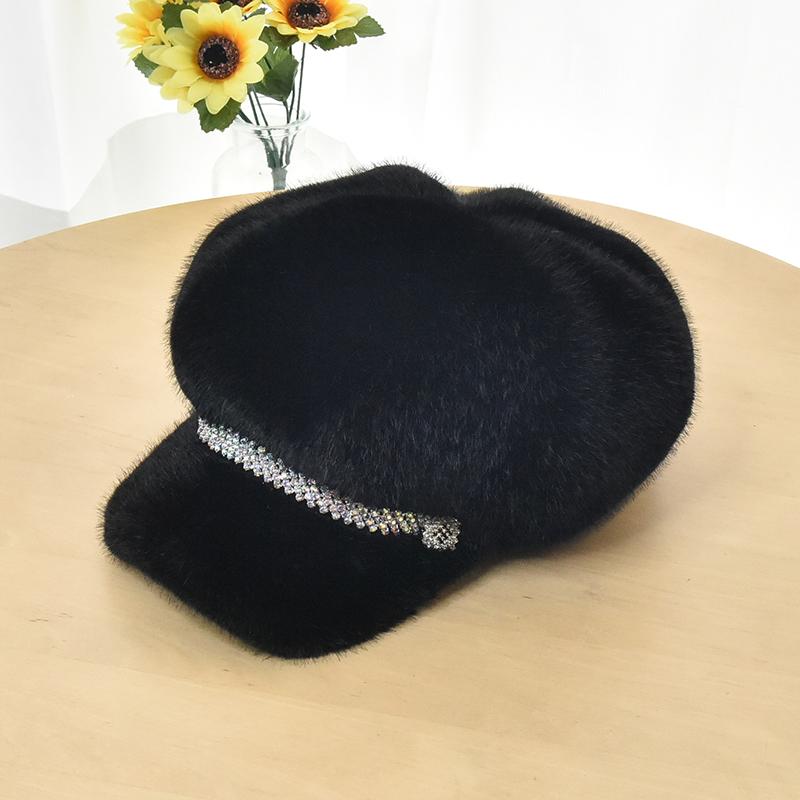 Luxury Faux Mink Fur Beret with Visor for Women, Winter Double Warmth Cotton Lined Hat, Stylish Outdoor Peaked Beret