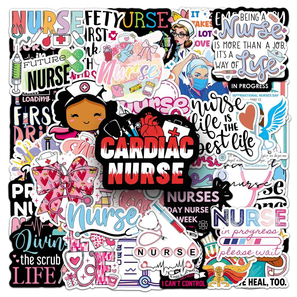 50 Waterproof Nurse's Day Stickers: Festival Characters & English Graffiti Designs for Decorating Fridges, Earphones, and Journals.