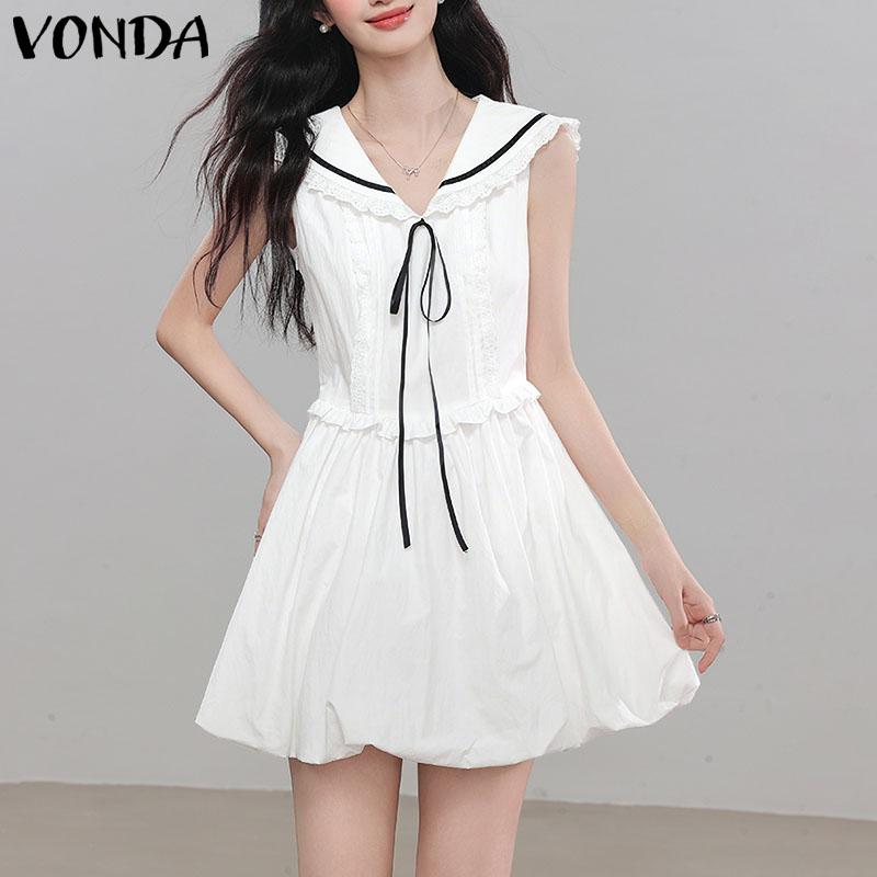 VONDA Women Naval Collar Sleeveless Crochet Hem Slim Waist Pleated Dress