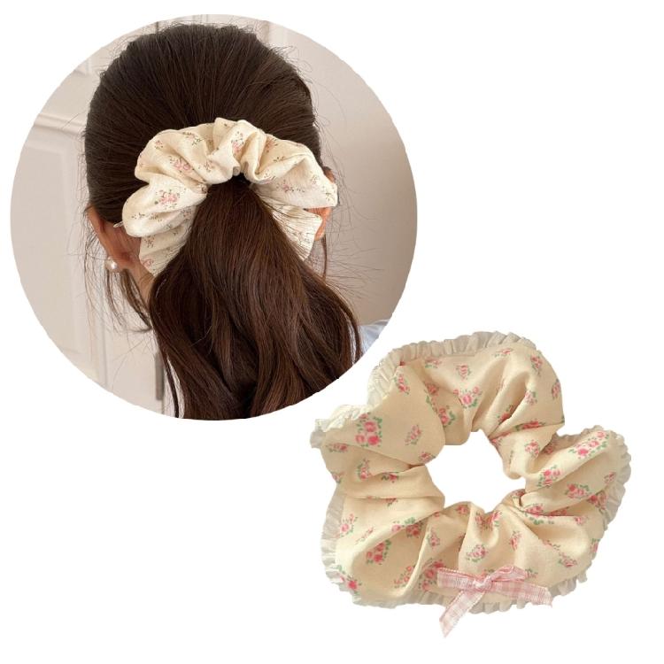 Lace Trimmed Floral Hair Scrunchy Hair Decors Stretchy Soft Fabric Ponytail Holder for Women Girls Various Hairstyles