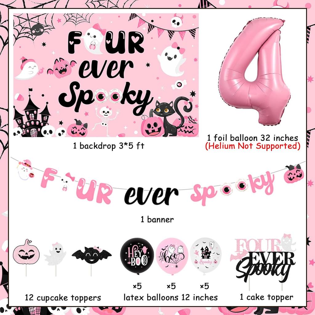 Halloween 4th Birthday Party Decoration for Girl Four Ever Spooky Birthday Backdrop Pink Four Ever Spooky Cake Cupcake Toppers Banner Number 4 Foil
