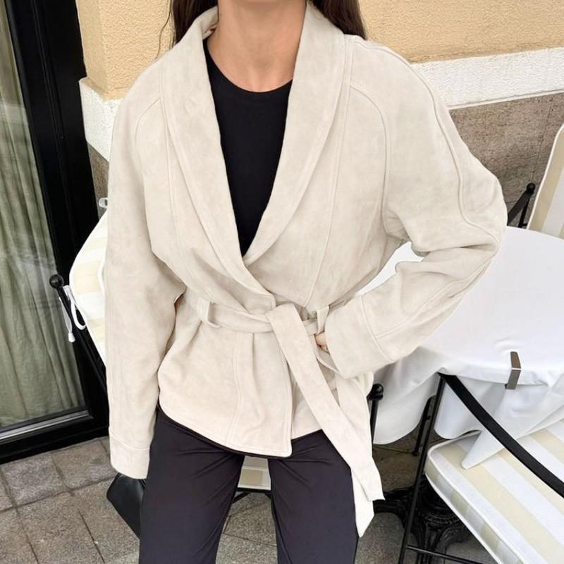 Veste longue pour femme style vintage aspect daim à manches longues avec taille ceinturée coupe ample col polo 2025
