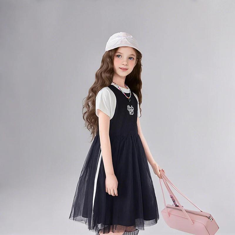 [Fake Two Piece Splicing Mesh Skirt] Girls' 25 Summer Mid to Large Children's Summer Dress Children's Color Contrasting Dress
