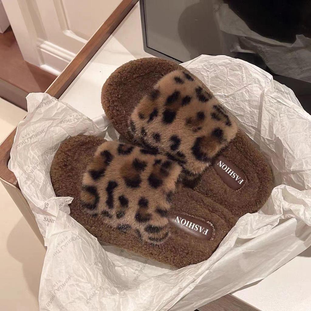 2024 Trendy Leopard Print Furry Slippers for Women - Autumn/Winter Outdoor & Home Wear with Thick Sole