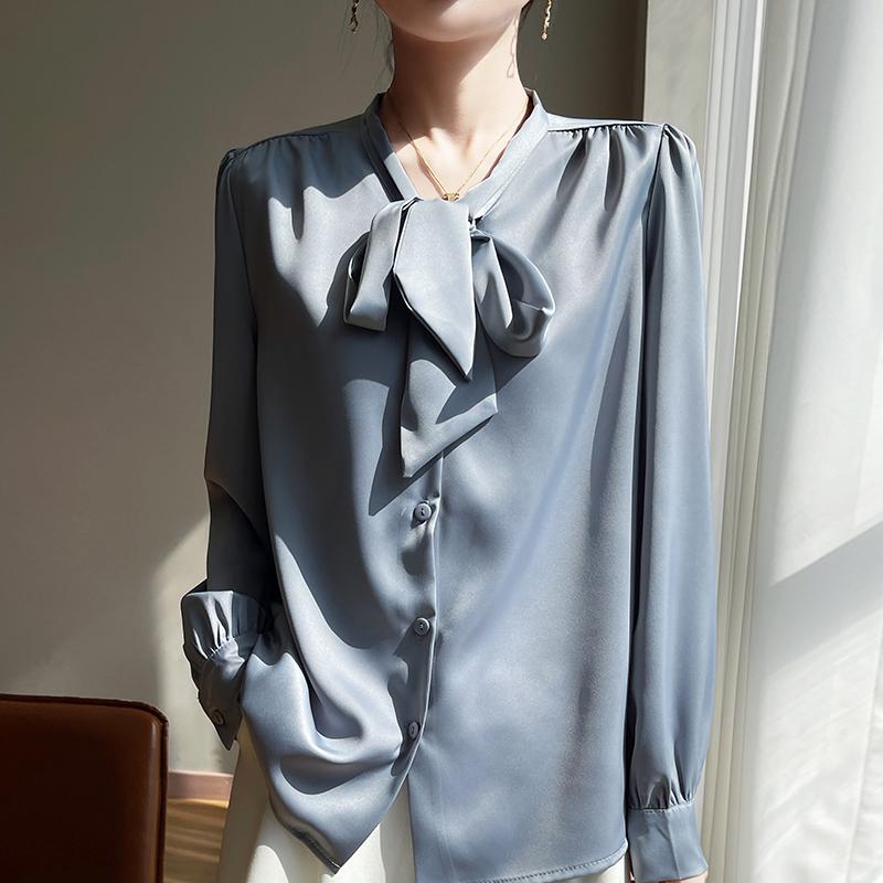 

Elegant Champagne Satin Bow Blouse - Women s Long Sleeve Professional Top 4XL (140-150 lbs)