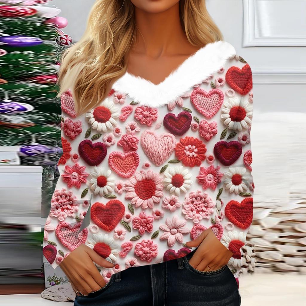 Dámské tričko s dlouhým rukávem a potiskem lásky na Valentýna, s výstřihem do V, ležérní volný top