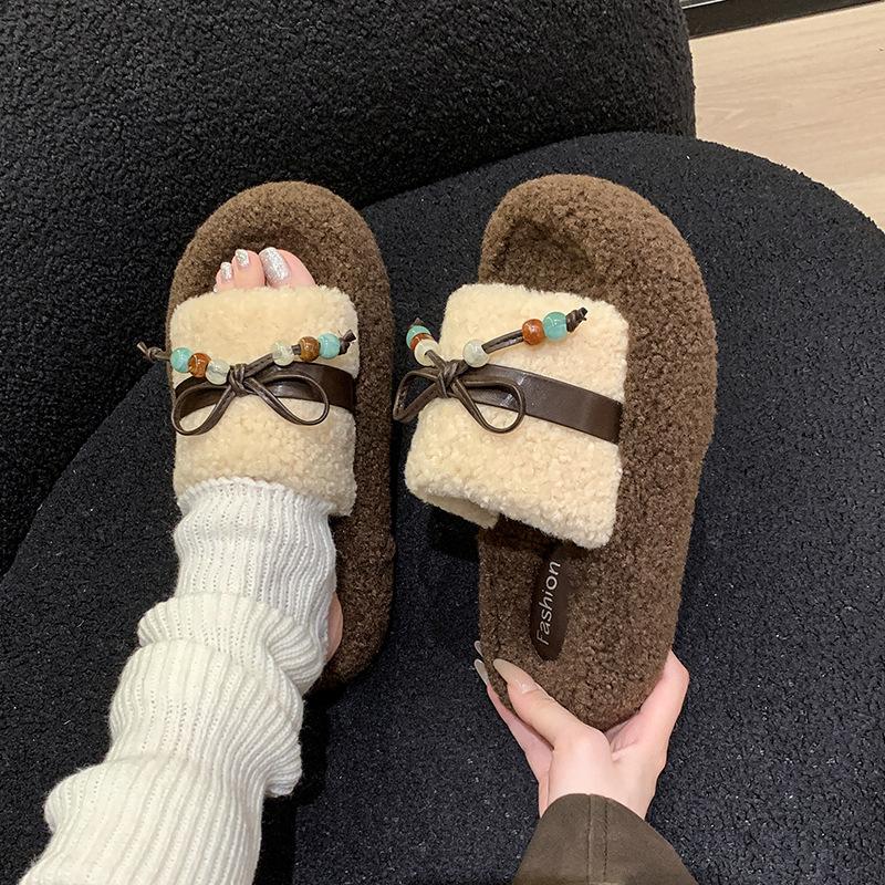

Roll thick-soled fluffy slippers outer wear 2025 autumn and winter new belt buckle bow home plush cotton slippers 35