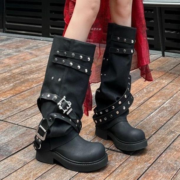 Retro Riveted Trouser Tube Boots Round Head Thin Yadan Style Long Boots 2025 Autumn Thick-soled Niche Design Knight Boots