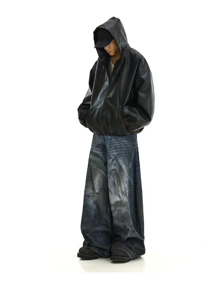 Chaqueta de Motocicleta de Cuero Negra con Capucha para Hombre - Cortavientos, Silueta Atractiva