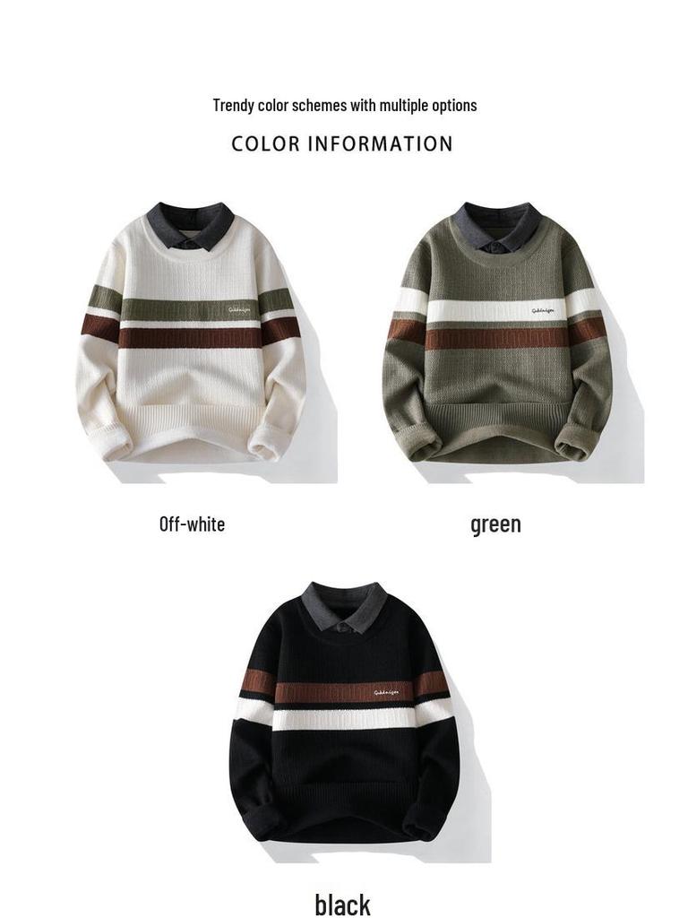 Stylish Men's Faux Two-Piece Sweater with Shirt Collar, Velvet Lining, and Knitted Wool for Autumn and Winter Warmth