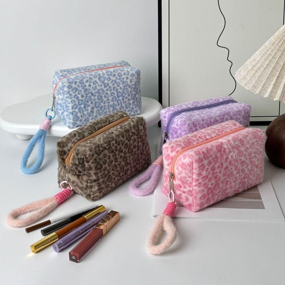 Large Capacity Plush Cosmetic Bag Leopard Print Pattern Travel Cosmetic Case Cosmetics Storage