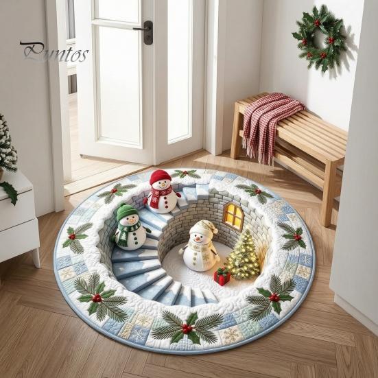 Indoor Decorative Floor Covering Round 3D Christmas Rug, Vortex Optical Illusion Area Santa Snowman Staircase Quiet Play Mat for Kids Depth